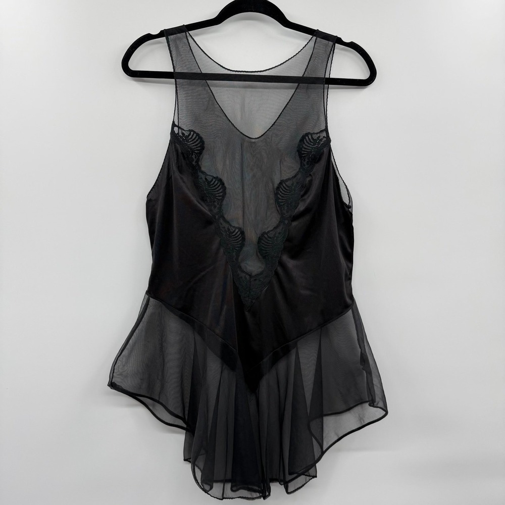 Vintage Val Mode Black Sheer Lace Cami L - Satin Babydoll Handkerchief Hem 70s